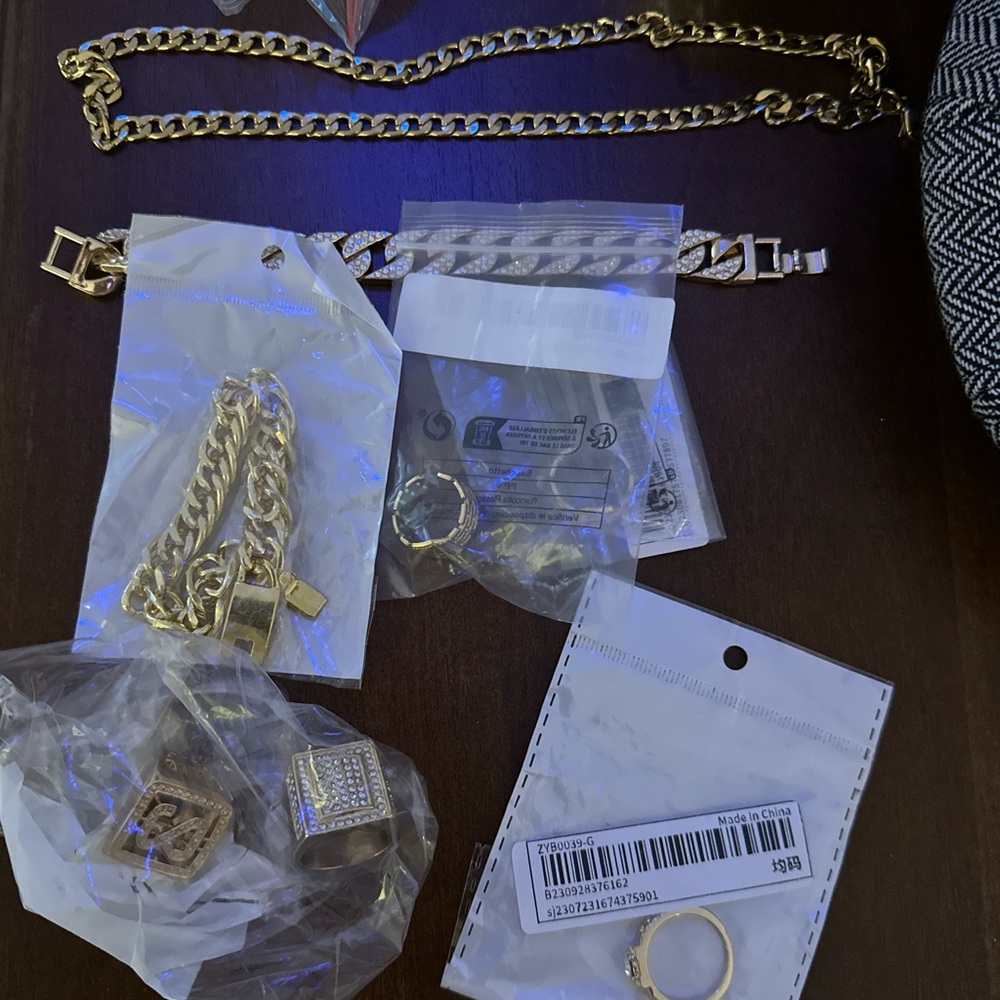 Men’s Halloween Costume Fake Large Bling Jewelry Chains Bracelet Ring Bundle